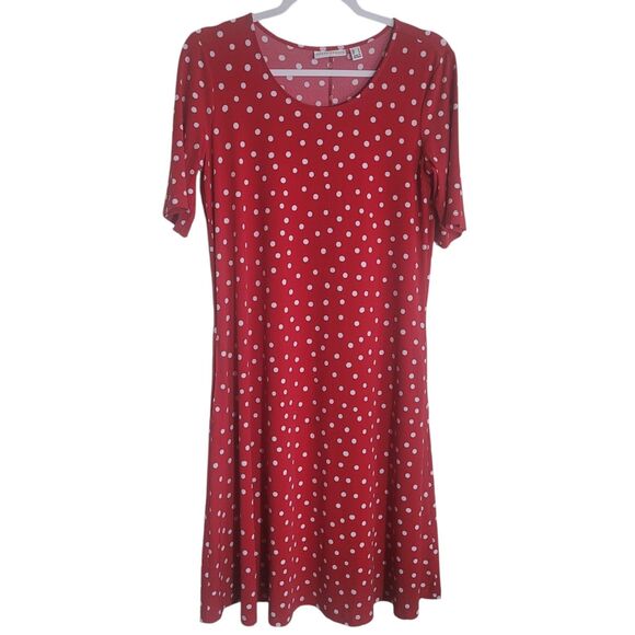 Susan Graver Liquid Knit Polka Dot Shift Dress Women's Size Small Red Stretch - Picture 1 of 9